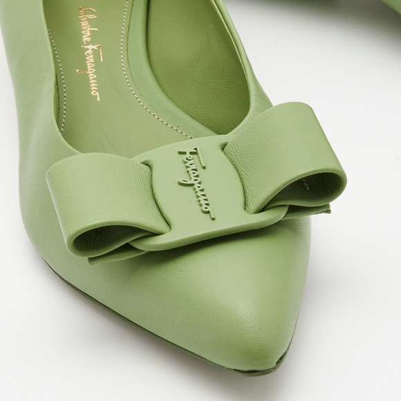 Salvatore Ferragamo Green Leather Viva Bow Ballet Flats Size 39 - Picture 6 of 8